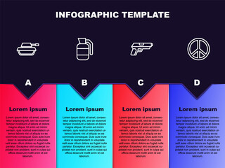 Set line Military tank, Hand grenade, Pistol or gun and Peace. Business infographic template. Vector