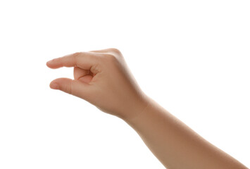 Little child against white background, closeup on hand