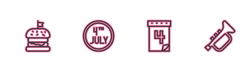 Set line Burger, Calendar with date July 4, and Trumpet icon. Vector