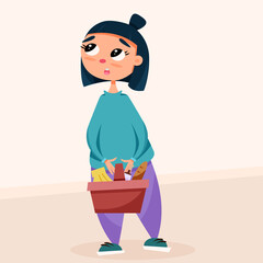 girl with a basket. girl in a grocery store. vector illustration