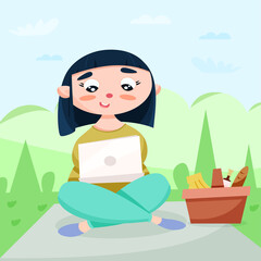 remote work. girl on a picnic. vector illustration