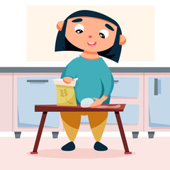 girl prepares dough in the kitchen. Making pie, pizza, cookies. Flat style vector illustration.