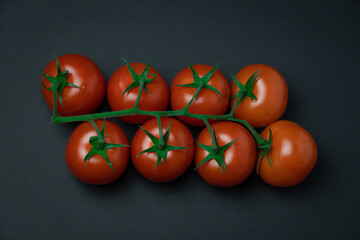 Red tomatoes on branch on a black background