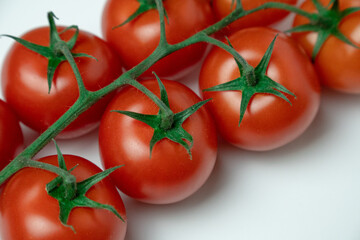 Red tomatoes on branch on a white background