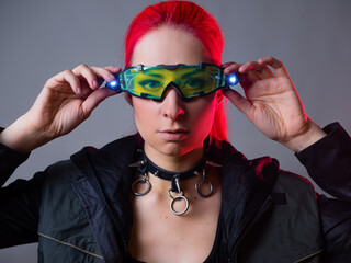 Futuristic glasses with backlight, an augmented reality gadget.