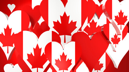 Heart symbols in different sizes in the colors of the flag of Canada with a maple leaf. 3D rendering. Blank for design. Layout.