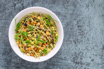 Mixed salad of sprouted grains and microgreens in a bowl