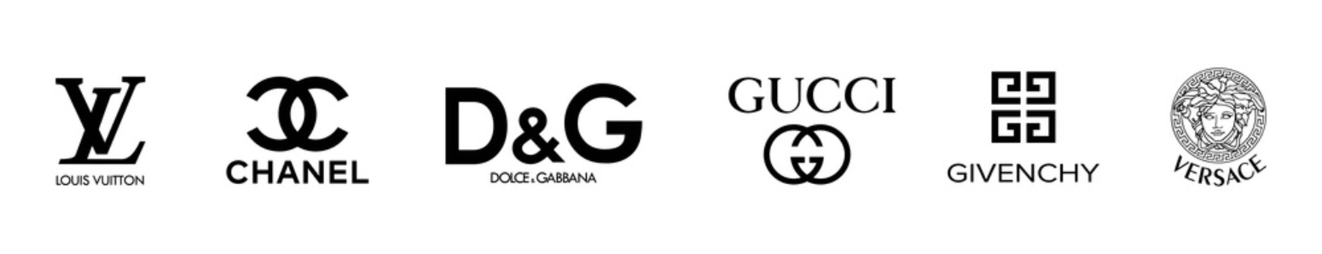 Collection vector logo popular clothing brands of GUCCI, Dolce Gabbana, Givenchy, Louis Vuitton, CHANEL, Versace. Zaporizhzhia, Ukraine - May 25, 2021