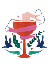 Illustration cocktail au style rétro avec personnage, ornements et banderole. Verre alcool vintage.