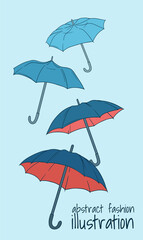 Fototapeta na wymiar Abstract illustration umbrellas in orange and blue palette on light blue background