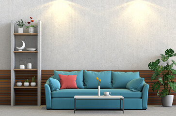 Living room interior in modern style, 3d render with sofa and decorations.