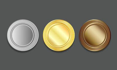 Empty Blank Set vector templates for winner awards medals, coin, price tags, sports, sewing buttons, buttons, icons or medals with gold silvver and bronze shiny metal texture and embossed rim around. - obrazy, fototapety, plakaty