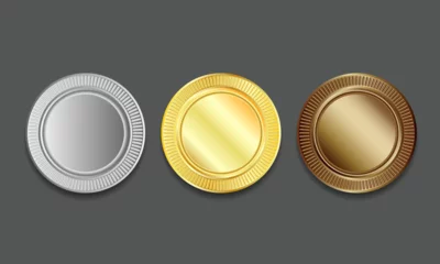 Fotobehang Empty Blank Set vector templates for winner awards medals, coin, price tags, sports, sewing buttons, buttons, icons or medals with gold silvver and bronze shiny metal texture and embossed rim around. © Igor
