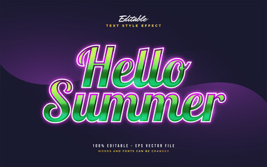 Hello Summer Text in Colorful Retro Style with Glowing Effect. Editable Text Style Effect