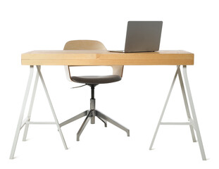 Stylish workplace with wooden desk and comfortable chair on white background