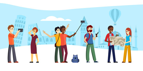 Fototapeta premium Joyful tourists travel illustration. Fascinating hiking trips with adventure and outdoor recreation flights other countries with photos for social networks friends exploring routes. Vector leisure.