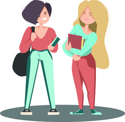 vector flat illustration of two young women students standing and talking isolated