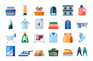 Cleaning accessories set. Rubber gloves with clothes brush and clothespins orange ironing board with modern washing machine powders with bleach in pulverizer. Vector cartoon household.
