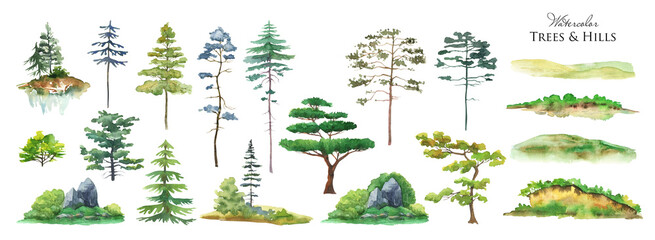 Watercolor tree set. Green pine, blue spruce, green hills, island meadow - 436338660