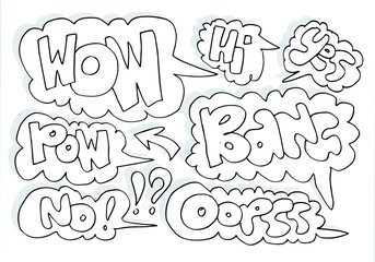 Set collection of comic style explosion lettering emotions: hi,pow,wow,yes,no,oopss and bang.Cartoon doodle illustration on white background.