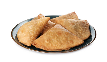 Fresh delicious crispy samosas on white background