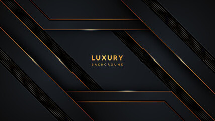 Luxury abstract background with modern black shapes and golden shine shapes, lines, and dots.  Modern template elegant design with vector layers and dark shadow.