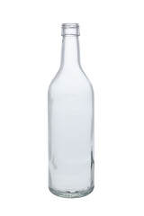 Empty transparent glass bottle for alcoholic beverages. Front view on white background