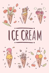 Ice cream cones and flowers set hand drawn objects