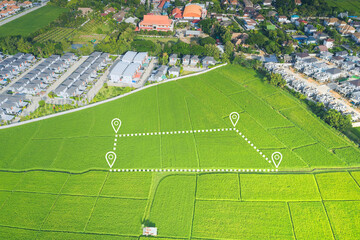 Land plot in aerial view. Gps registration survey of property, real estate for map with location,...