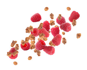Delicious granola and raspberries falling on white background. Healthy snack