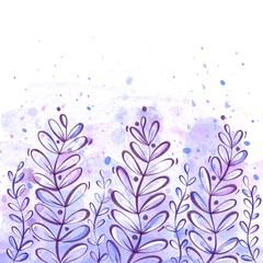 Fototapeta na wymiar Watercolor background growing violet magic leaves. Used for decorations