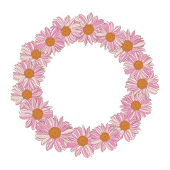Fototapeta na wymiar Floral wreath of white-pink-yellow daisies on white background. Vector illustration element with copy space, can be used for greeting cards, invitations, wedding, birthday, easter, packaging design.