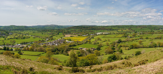 Panoramic landscape view of farms and hills in the Dee Valley above the town of Corwen North Wales...