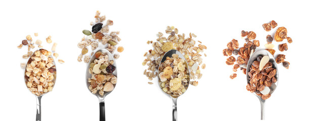 Set with different delicious granola on white background, top view. Banner design