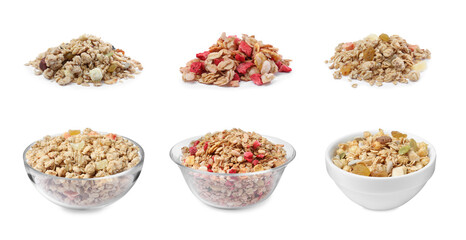 Set with different delicious granola on white background. Banner design
