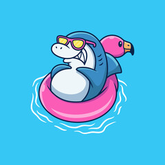 Cute Shark Relax on Flamingo Tires with Cute Pose. Animal Vector Icon Illustration, Isolated on Premium Vector