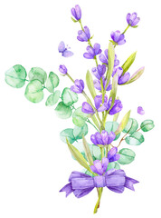 A bouquet of green eucalyptus leaves and lilac lavender. Watercolor illustration