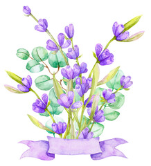 A bouquet of green eucalyptus leaves and lilac lavender. Watercolor illustration