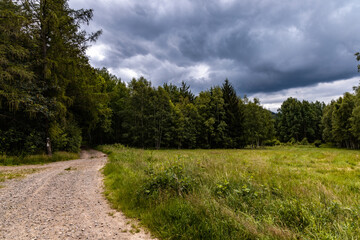 Fototapeta na wymiar Long mountain trail in Walbrzych Mountains at cloudy day
