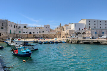 Boats moored at the Porto Antico in the old town of Monopoli, Puglia, Italy