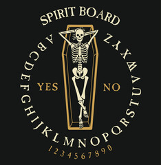 Spirit Board Ouija with Skeleton.  Vector Illustration.