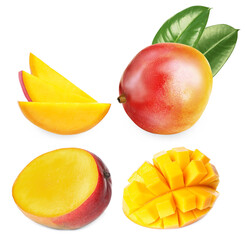 Set with delicious ripe mangos on white background
