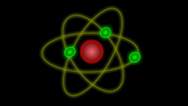 Atom structure animation. Anatomy model. Atoms consist of three basic particles: protons, electrons, neutrons. Nucleus. Electron line orbit shape. Red, blue, green sphere. Black background video