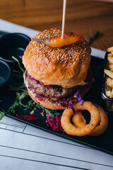 Burger closeup in pub.