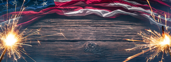American Flag With Sparklers And Smoke On Wooden Background - Independence Day Background 