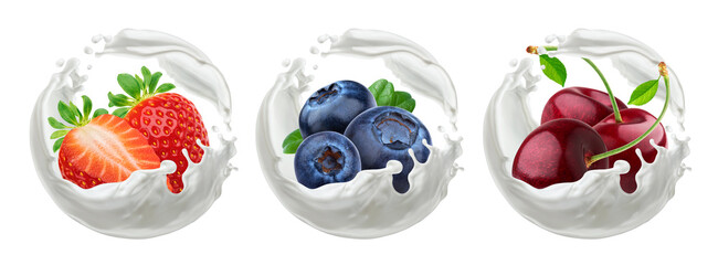 Berries yogurt. Strawberry, cherry and blueberry with milk splash
