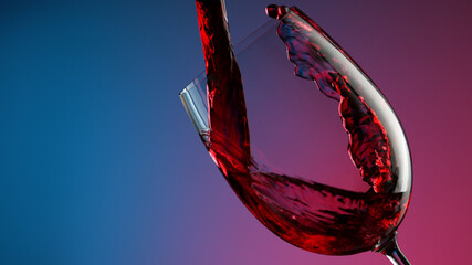 Glass of red wine on neon colors background, closeup