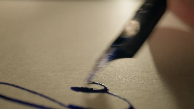 Pen Writes On Paper In Blue Ink. Close. Someone Writes Very Fast.