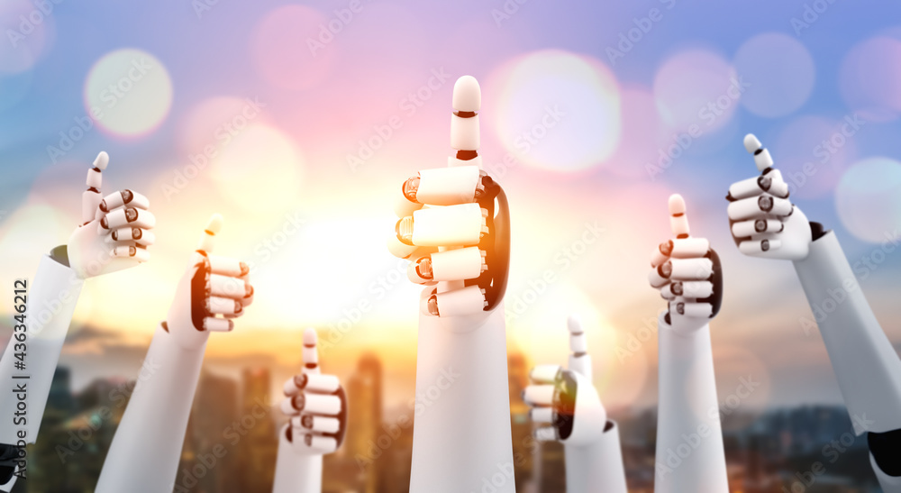 Aufkleber robot humanoid hands up to celebrate goals success achieved by using ai artificial intelligence thin