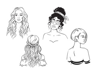Set of different female hairstyles   vector black and white sketch